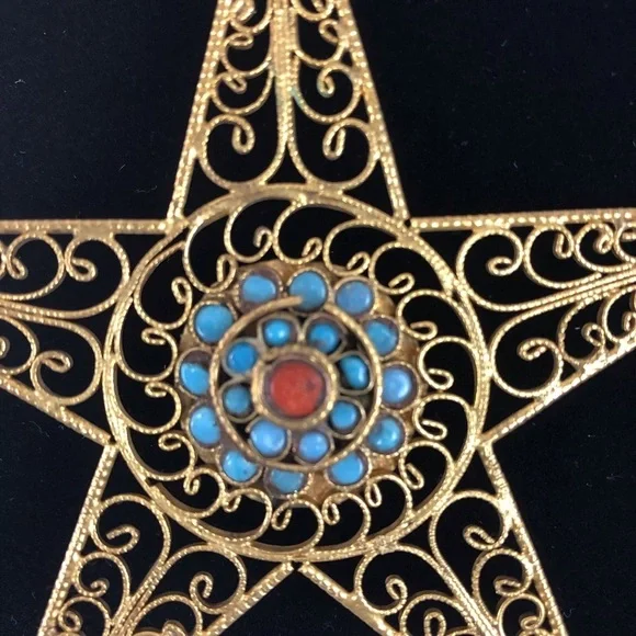 Rare star turquoise coral vintage pendant gold filigree